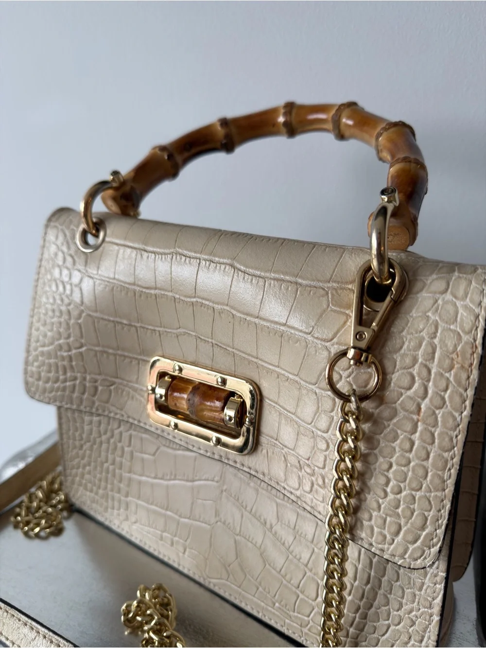 Leather Croc-Embossed Top-Handle Bag w/ Bamboo Accent | Made in Italy | Neutral
